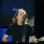 Stevie Young rhythm guitarist for AC/DC performs at Etihad Stadium in Melbourne on Sunday 6 December 2015. They are in Australia on the final leg of their Rock Or Bust World Tour.