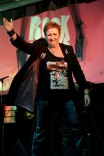 Carol LLoyd performing at the Arts Centre forecourt for the Rock Chicks exhibition 2010. Photo by Ros O'Gorman