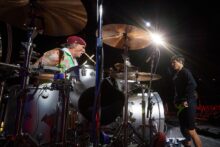 Chad Smith and Anthony Kiedis of Red Hot Chili Peppers in Melbourne 7 Feb 23 photo by David Mushegain supplied Live Nation
