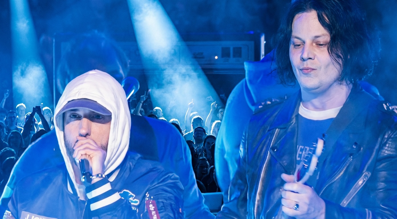 Jack White and Eminem perform together during the Detroit Lions Thanksgiving halftime show at Ford Field.