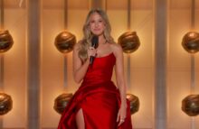 Nikki Glaser delivers her opening monologue at the 2026 Golden Globes, making the audience laugh with sharp celebrity jokes.