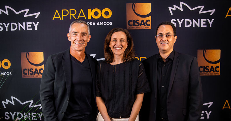 Image L-R Dean Ormston APRA AMCOS, Jennifer Brown SOCAN, Gadi Oron CISAC Credit Tori Hyland