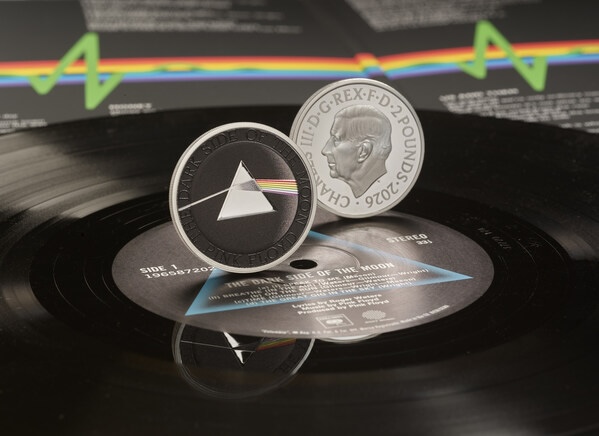 The Royal Mint's official Pink Floyd commemorative coin, featuring iconic prism design from The Dark Side of the Moon on the reverse and His Majesty The King's portrait on the obverse. Available from 14 May 2026, the coin celebrates more than half a century of Pink Floyd's extraordinary and enduring legacy. (PRNewsfoto/The Royal Mint)